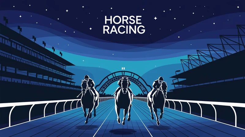 Three thoroughbred racehorses galloping down track at night with grandstand, HORSE RACING