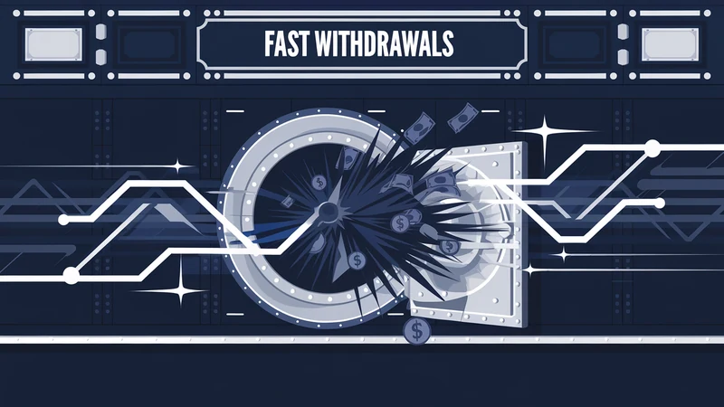 Casino vault door blowing open with dollar bills and coins flying out at speed with lightning lines
