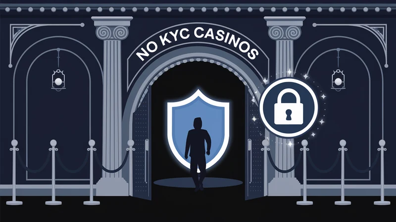Elegant casino entrance archway with privacy shield icon glowing, anonymous silhouette entering