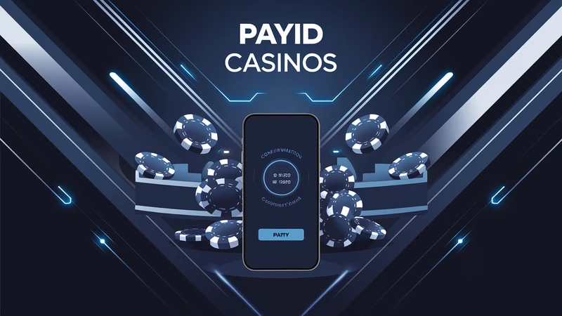 Smartphone with PayID payment on screen, casino chips and AUD coins, dark navy casino interior