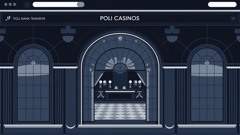 Desktop monitor showing POLi bank transfer interface, casino arched windows glowing behind