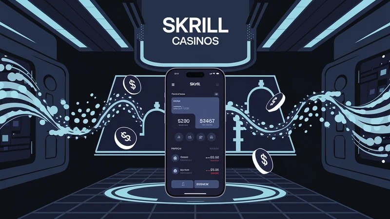 Smartphone showing Skrill logo with digital payment streams flowing to casino vault, coins orbiting