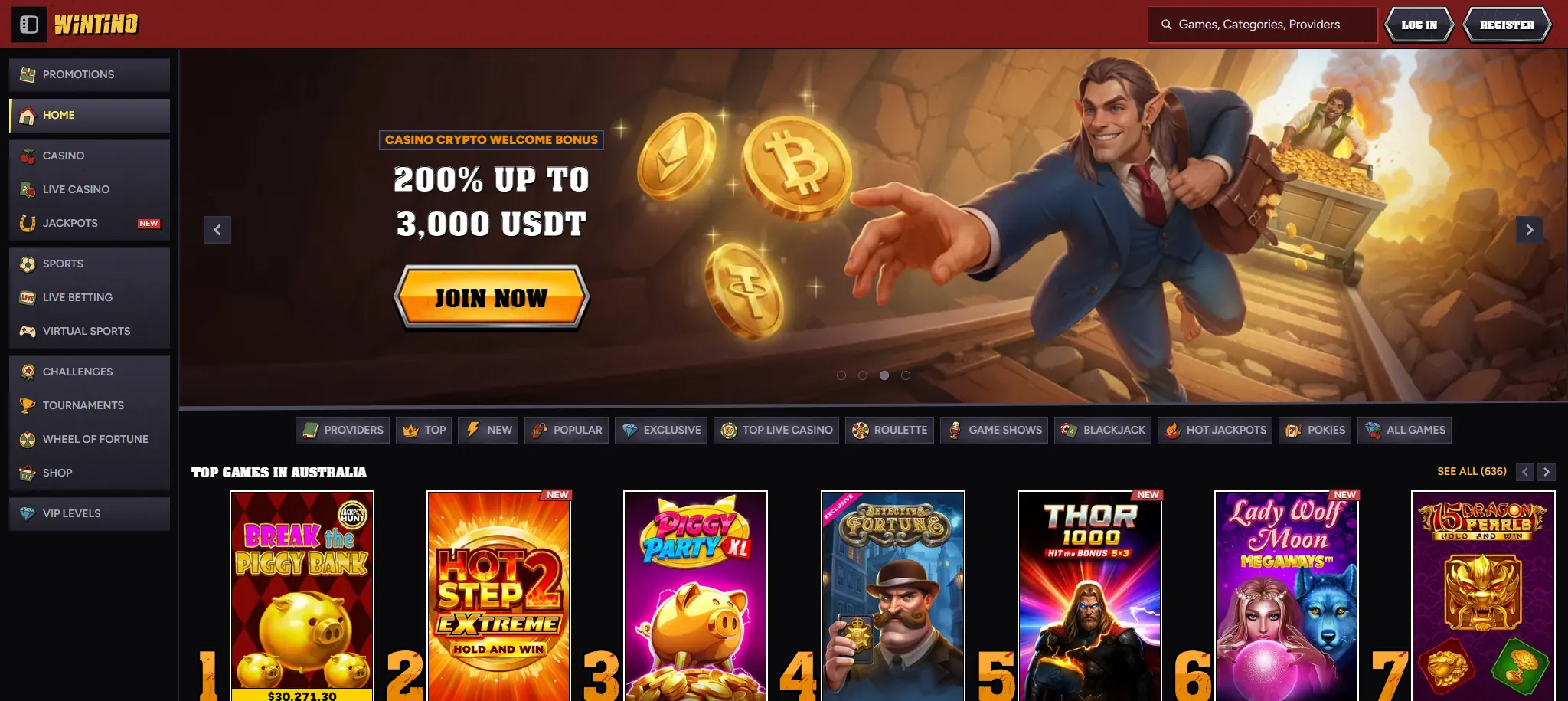 Wintino casino homepage with the crypto welcome banner and the top games row
